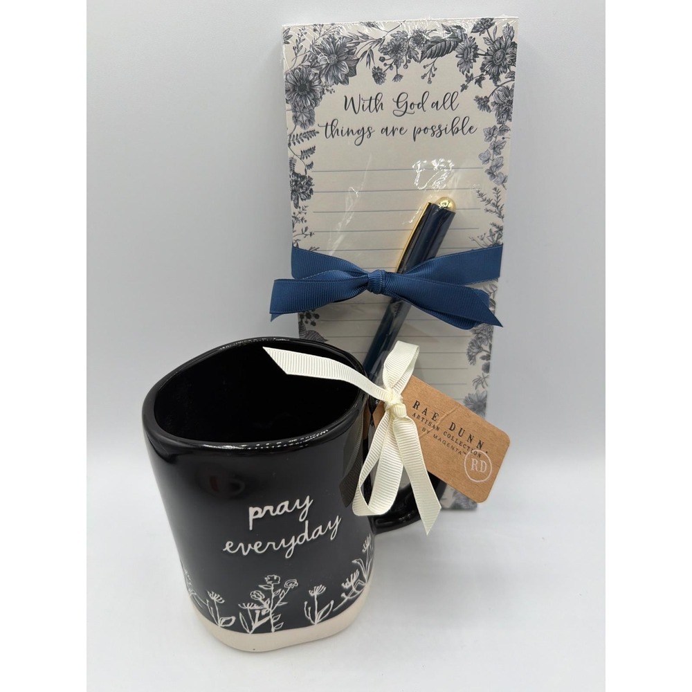 Rae Dunn Pray Everyday Black Mug Christian Notepad Pen Gift Set NWT